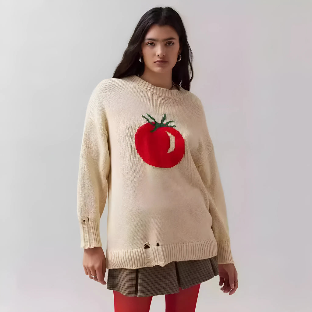 Women's milky white round neck jacquard knit acrylic sweater on a hanger.