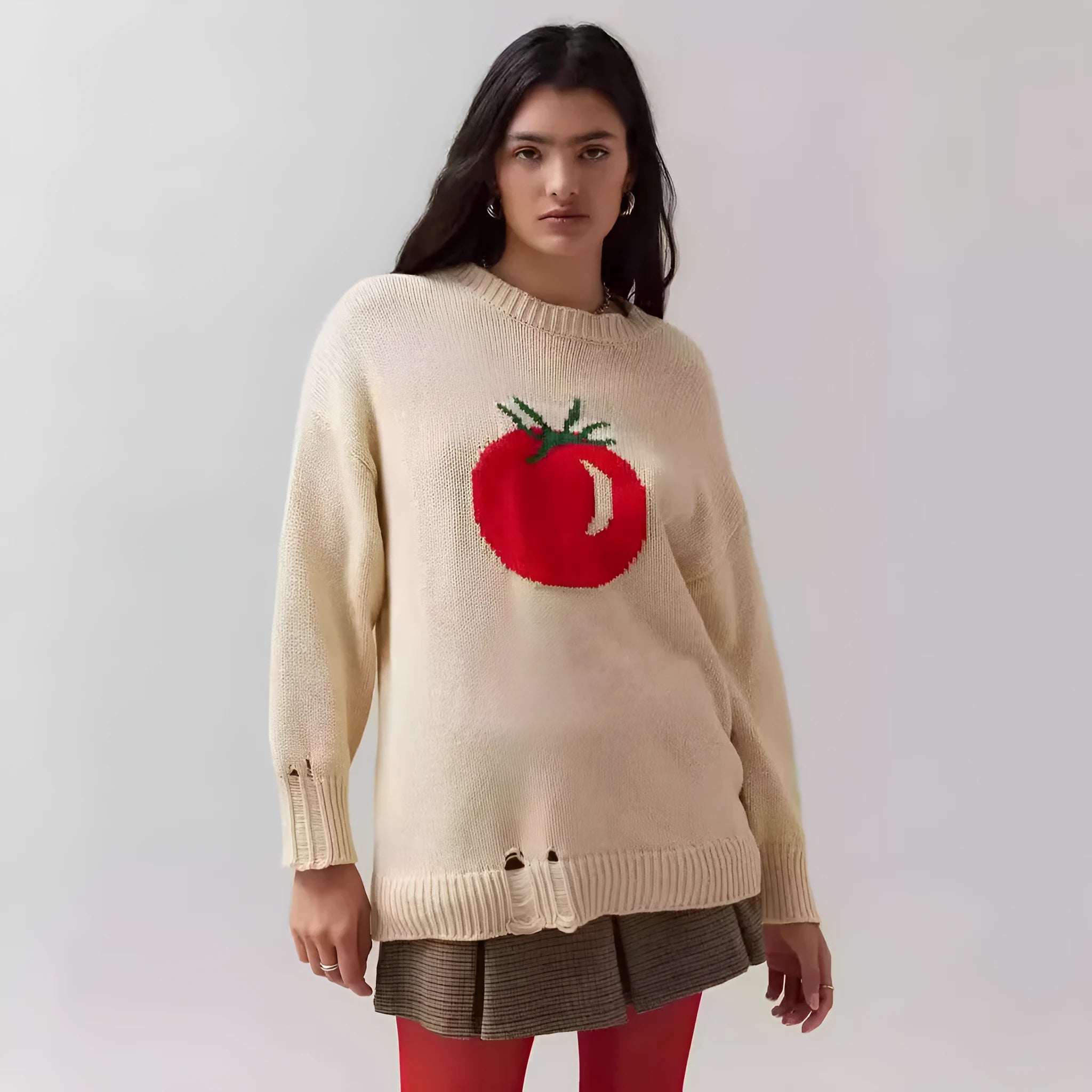 Women's milky white round neck jacquard knit acrylic sweater on a hanger.