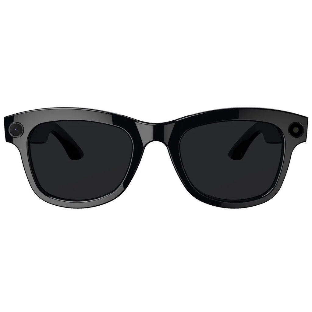 M01 black and transparent lens HD camera AI translation intelligent video glasses on a stand.