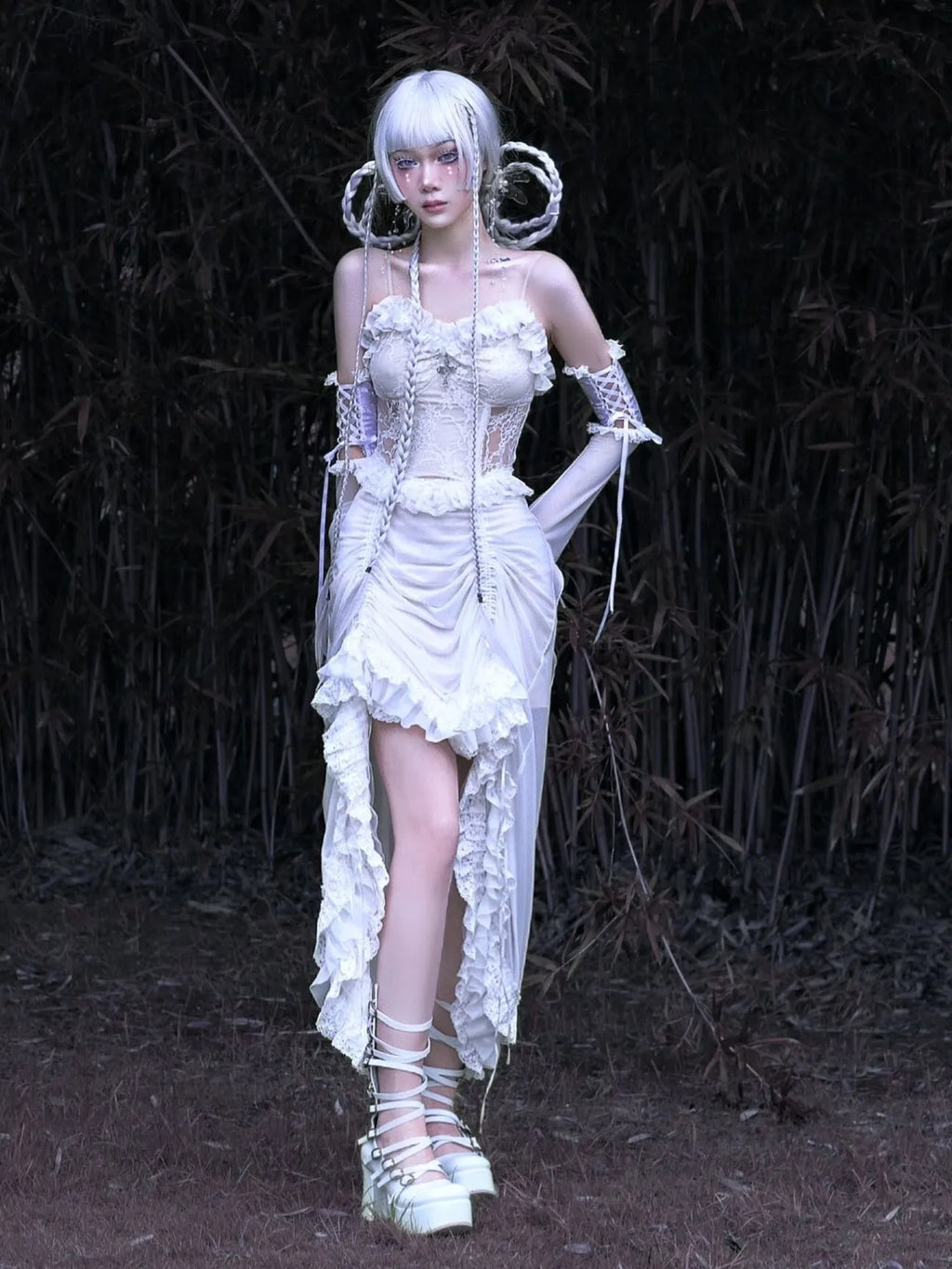 Chinese style white gothic drawstring mesh dress with dark straps and detached oversleeves on display