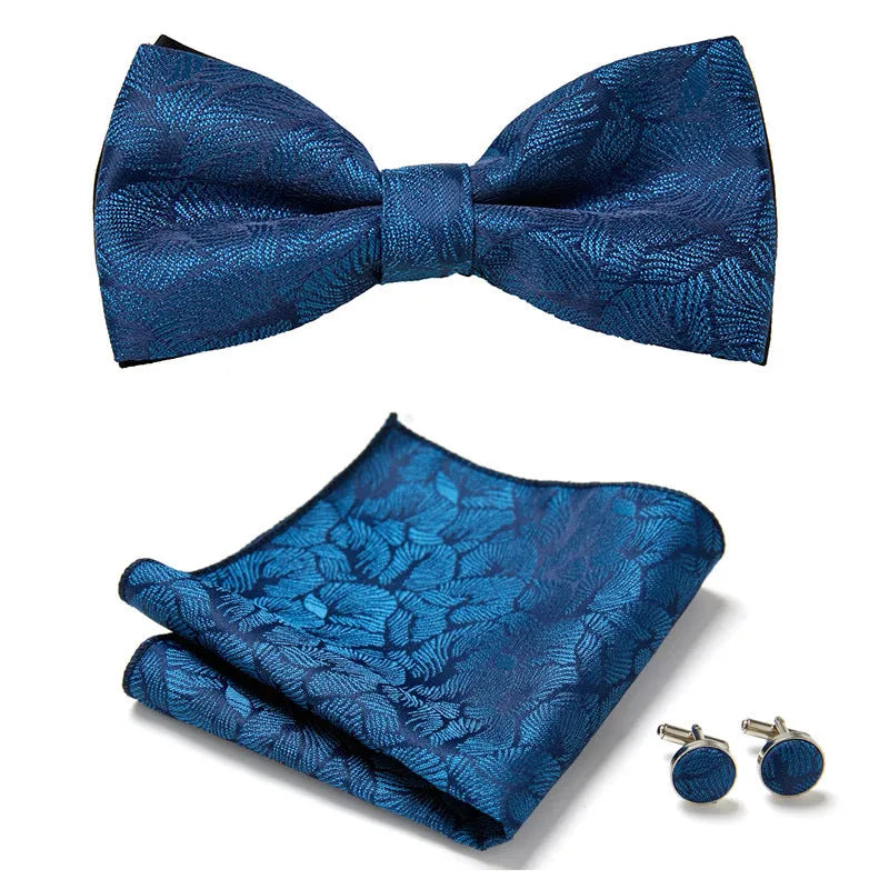 Floral Bow Tie Set of Three Pieces Polyester Yarn Hand-Sewn 12cm by 6cm Bow Tie with Matching Pocket Square 25x25cm and Cufflinks 1.5cm for Men's Formal Wedding and Party Accessories Multistyle Options