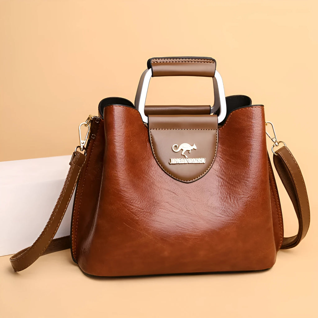 Large capacity PU tote bag in soft leather-look texture horizontal square shape with sewing line detail available in Black Dark Brown Green Red