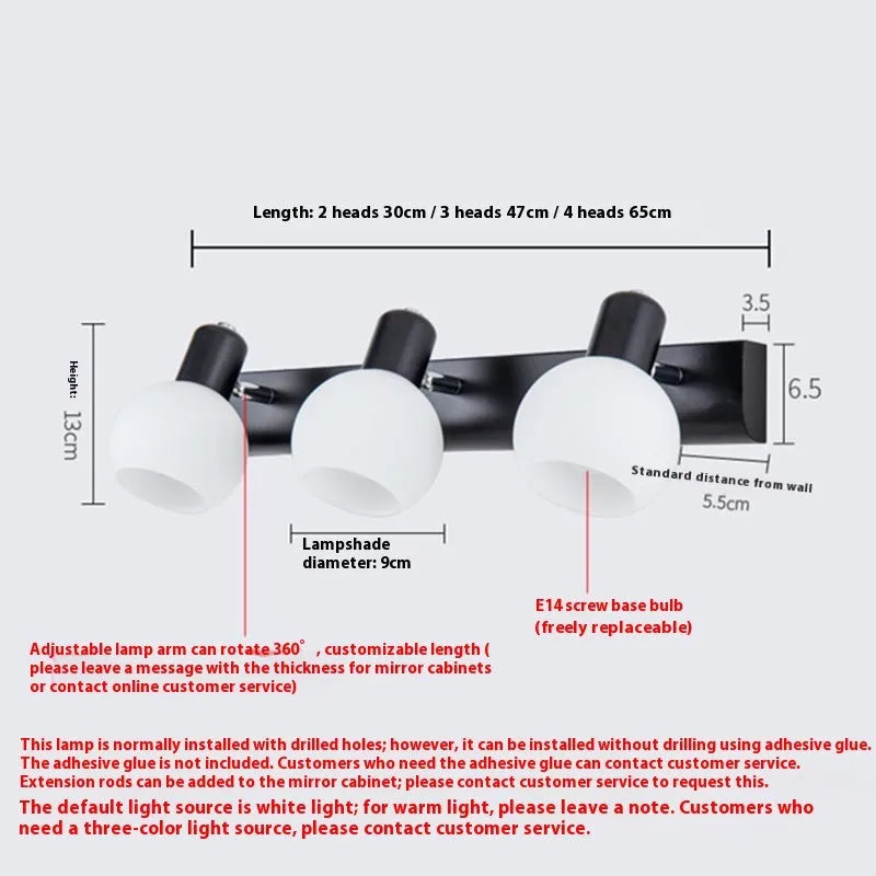 LED bathroom mirror wall lamp in black or white, 111V-240V, American simple style, single unit