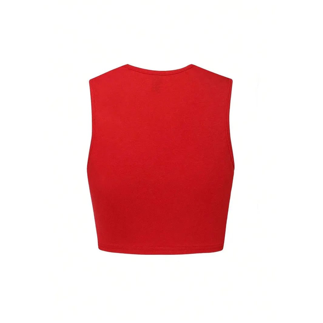 Hollow red sleeveless sports vest with 3D effect digital print, loose fit, polyester fabric, strapless shoulders