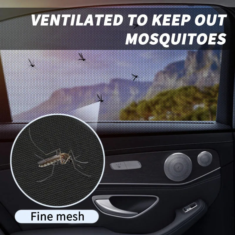Car side window sunshade mesh screen on car door window, non-woven fabric, elastic strip installation.