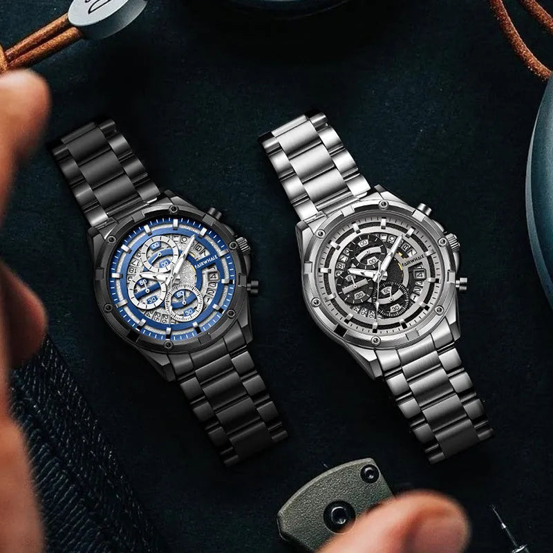 Men's waterproof luminous quartz watch with steel band in three colour options