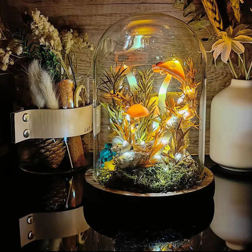 Handmade mushroom creative small night lamp glass cylinder fresh flowers multicolor built-in battery