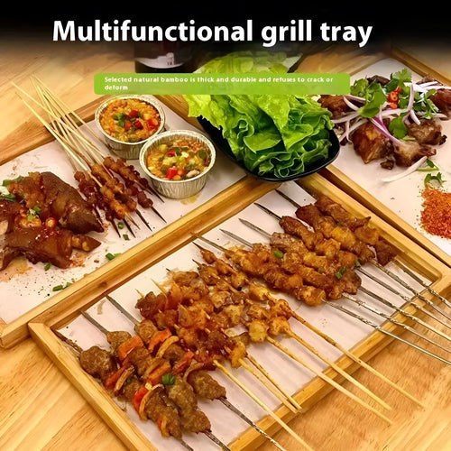 Square bamboo barbecue plate tray with brown handle for hotel and café dining service