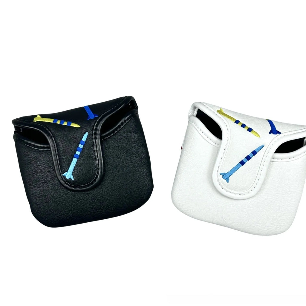 Square black golf putter protective sleeve with a white rocket pattern design.