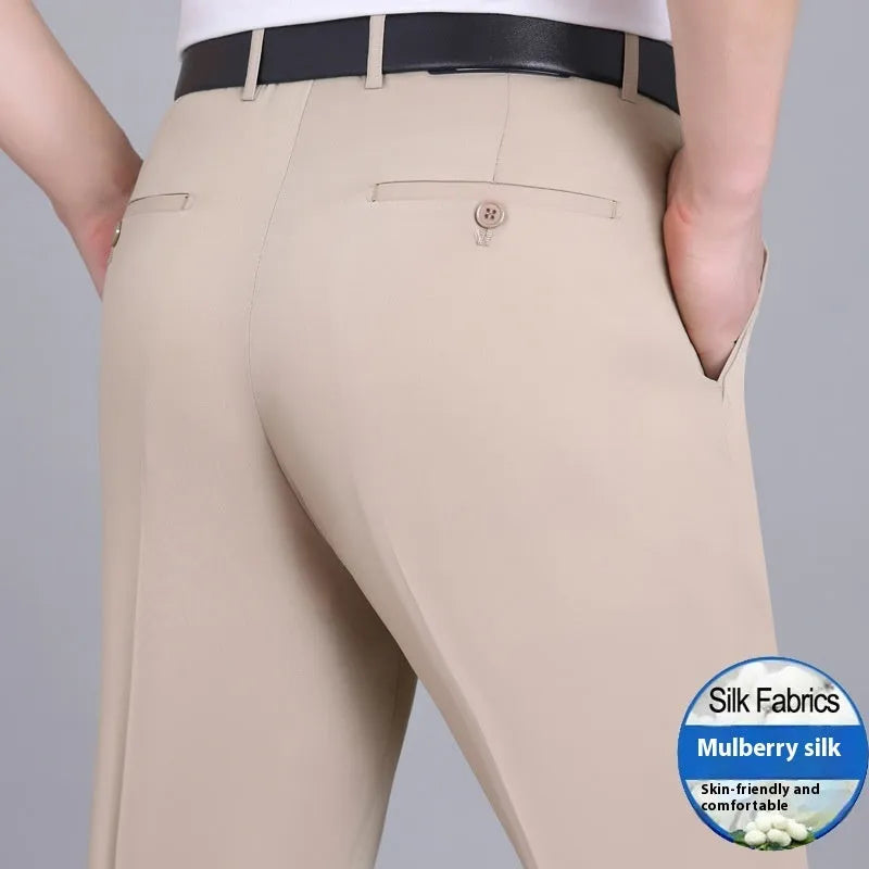 Men's mulberry silk blend straight cut business trousers in black with high waist design