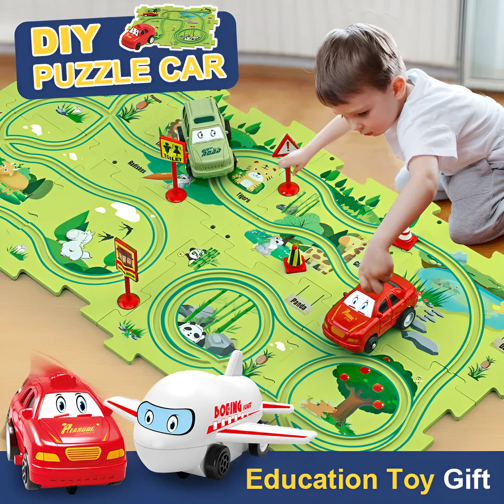 Children puzzle electric railroad speeder DIY track set with automatic car on grooved rails