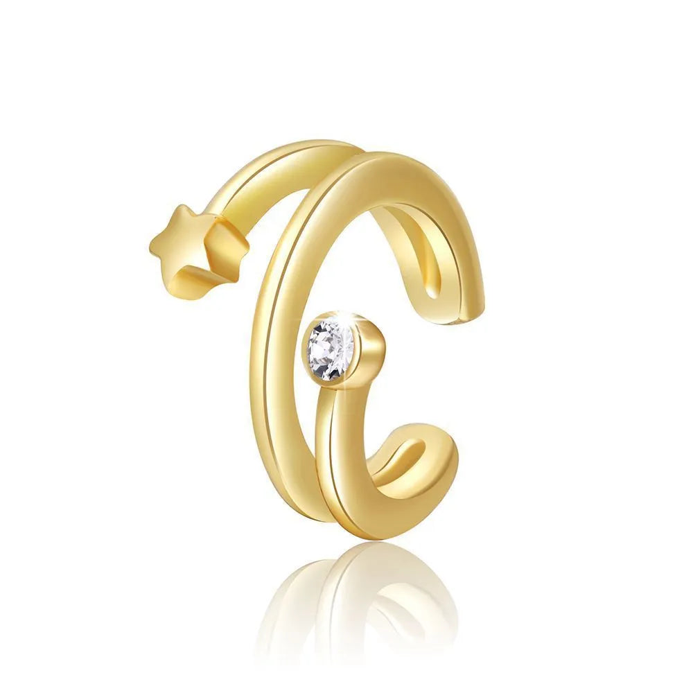15-piece gold clip-on earring set with geometric round and ring shapes on white background