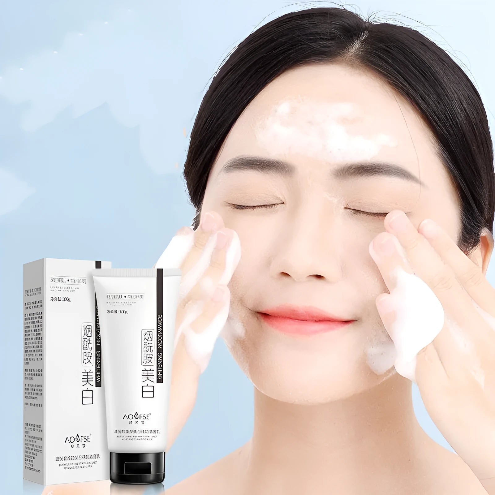 White packaged whitening and freckle removing facial cleanser bottle with 100ml content