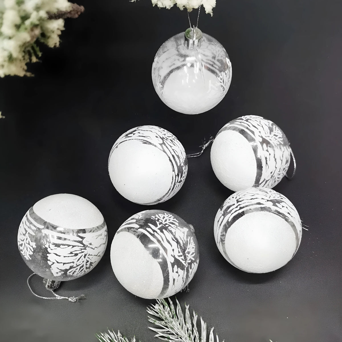 Set of six transparent 6cm acrylic Christmas ball ornaments with hand-painted colour, modern simple style
