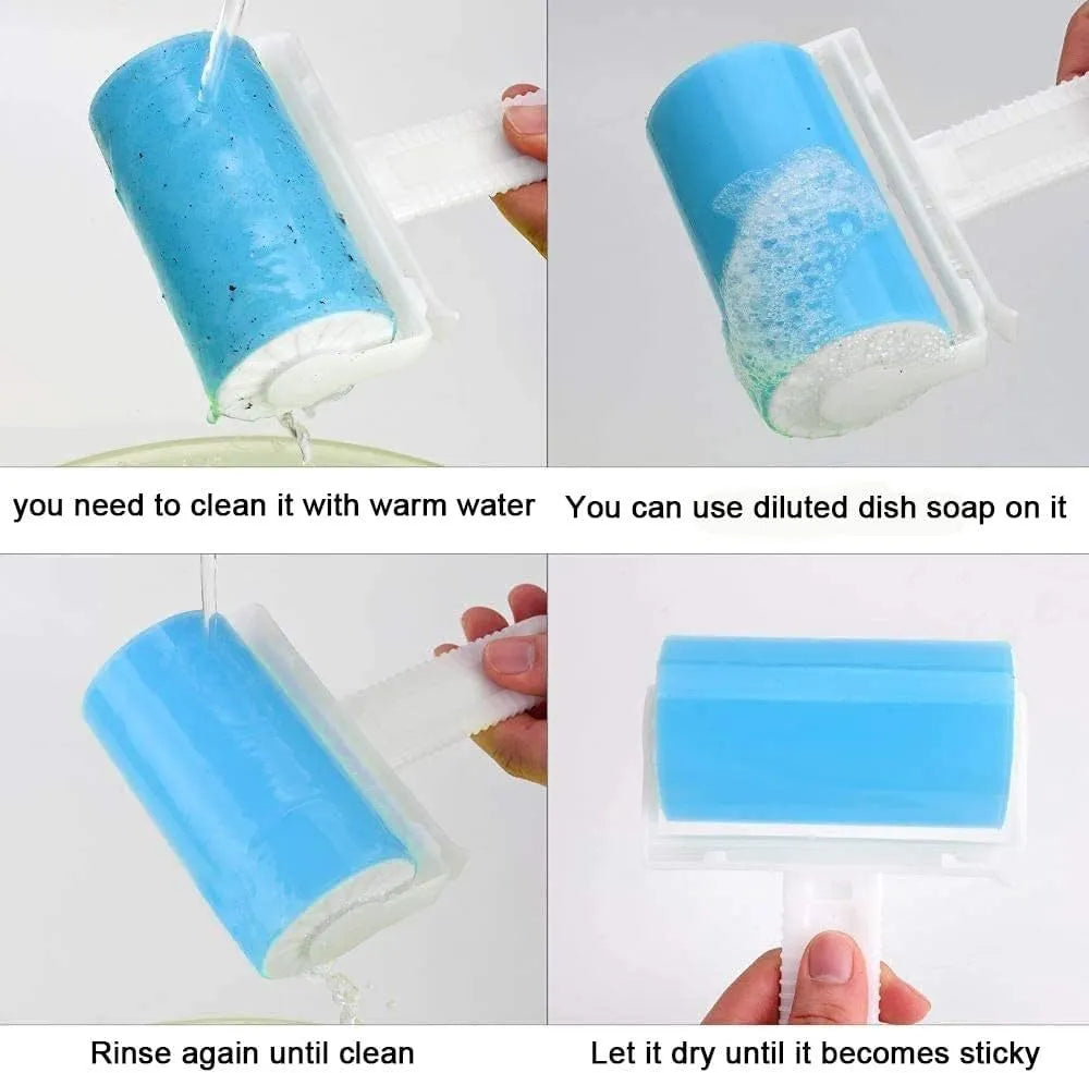 Washable lint roller pack with protective cover in blue, green, pink and yellow options for pet hair removal