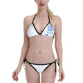 Women's black full-width print bikini set with adjustable straps and padded cups for beach or pool wear