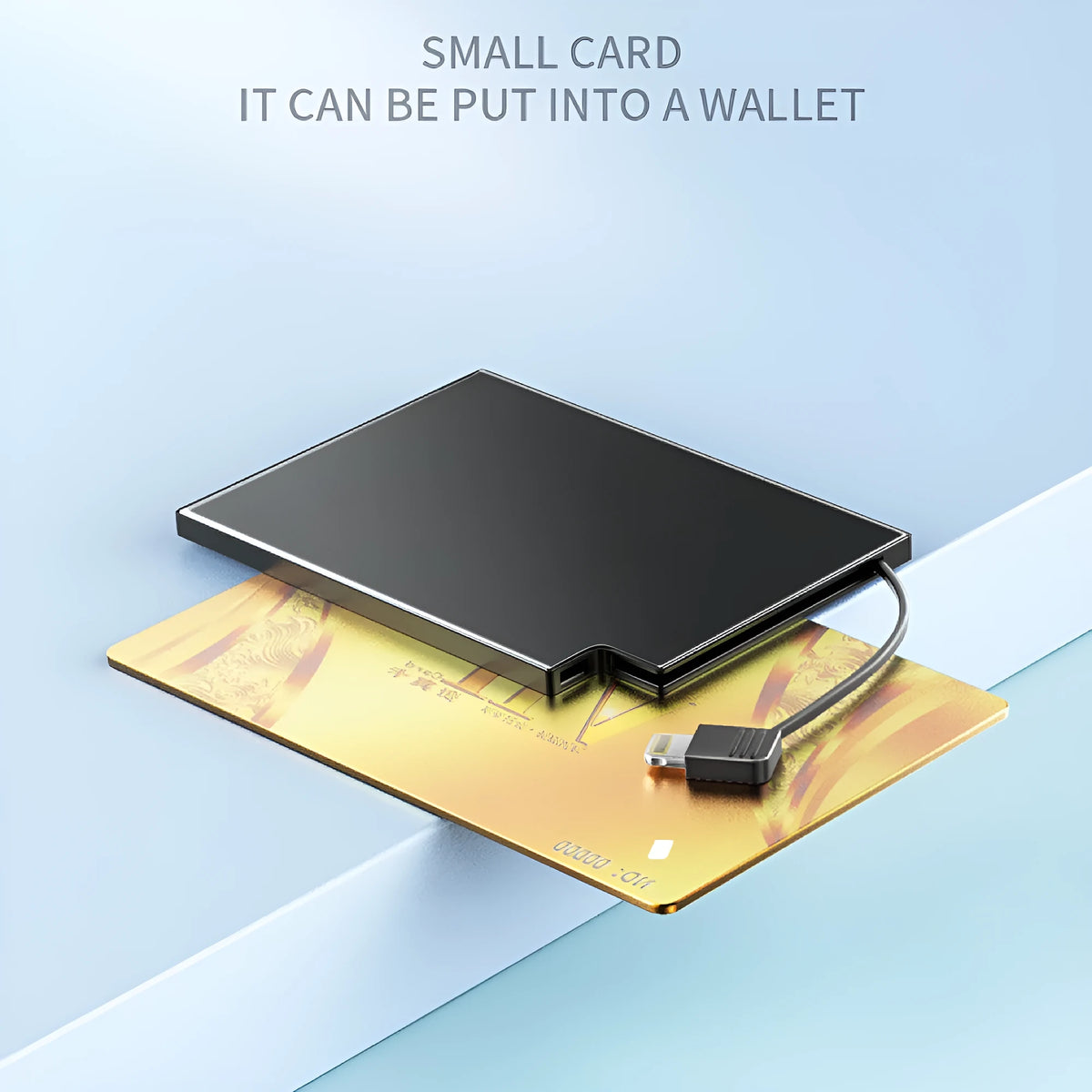Ultra-thin black alloy card type power bank with built-in charging cable 10000mAh placed on a desk