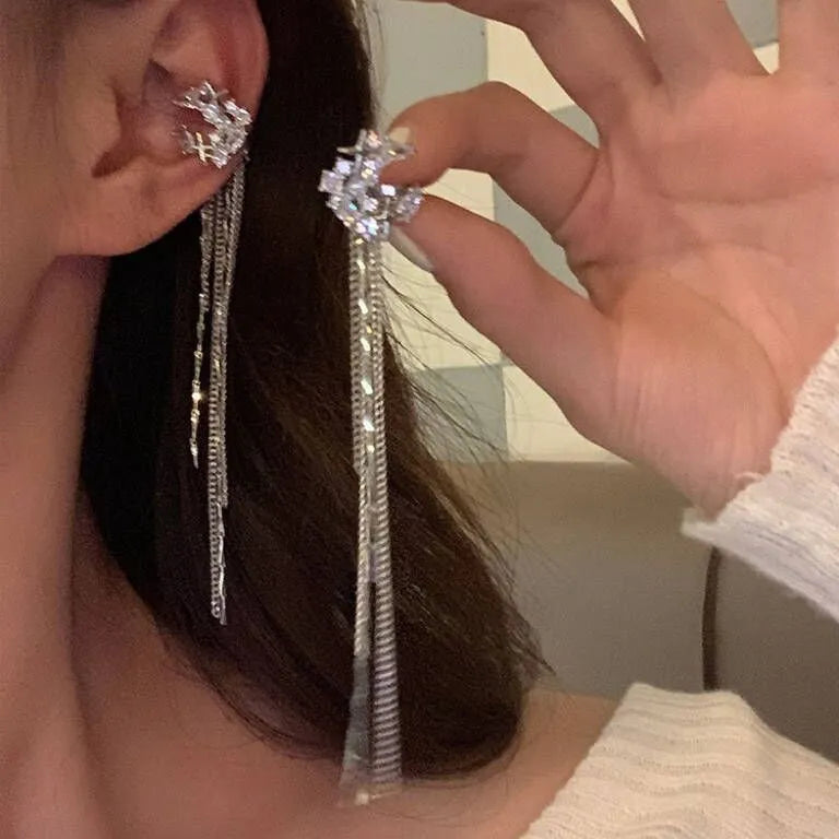 Alloy moon zircon long tassel chain clip-on earrings without ear holes women's ear clips