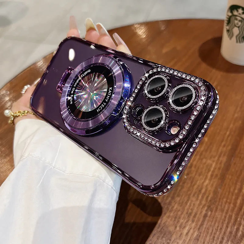 Transparent silicone phone case with rhinestone frame and magnetic bracket for Apple iPhone