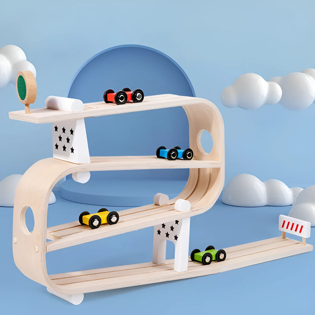 Wooden rapid gliding car toy for children, 0.7kg educational wooden toy in a colour box.