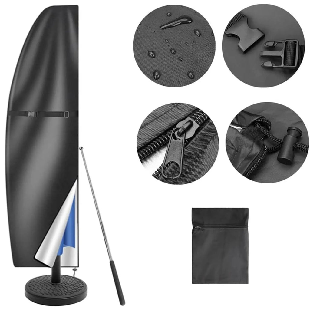 Black and grey waterproof oxford cloth covers for banana-shaped and straight outdoor garden umbrellas.