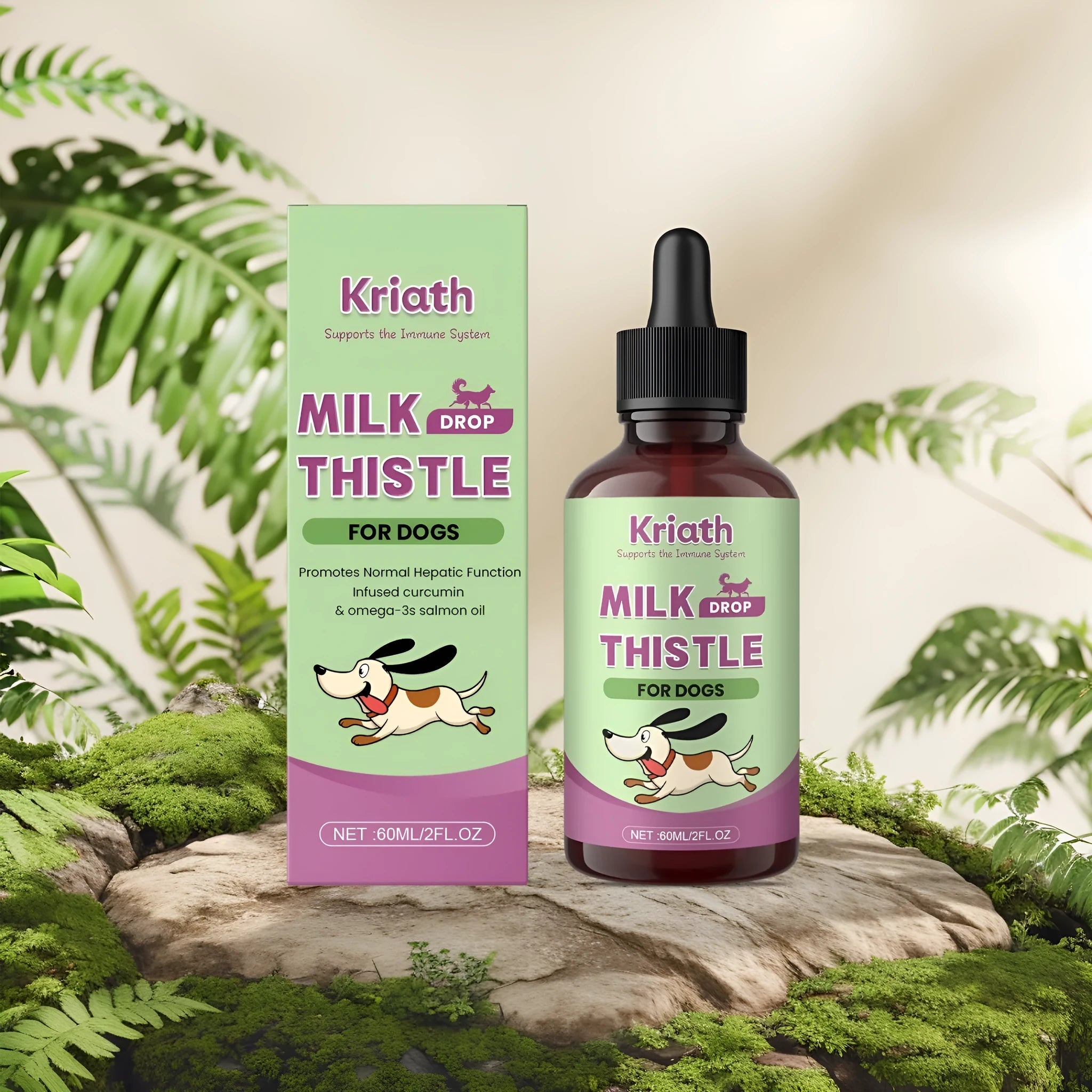 60ml bottle of dog milk thistle extract liquid supplement with turmeric and Omega-3 fatty acids.