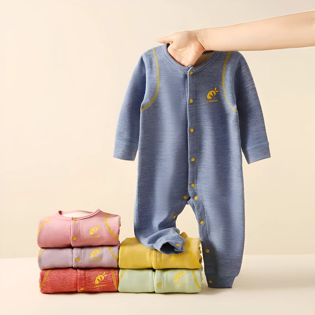 Velvet warm baby jumpsuit in orange, yellow, or blue polyester with single-breasted closure and long sleeves.