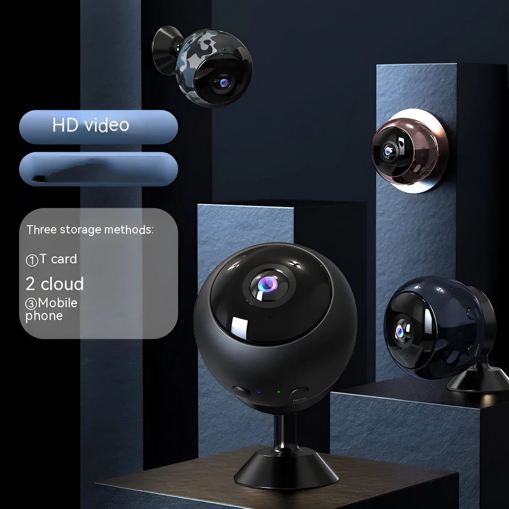 A compact 1080p wireless wifi surveillance camera with a lens, made from white ABS plastic.