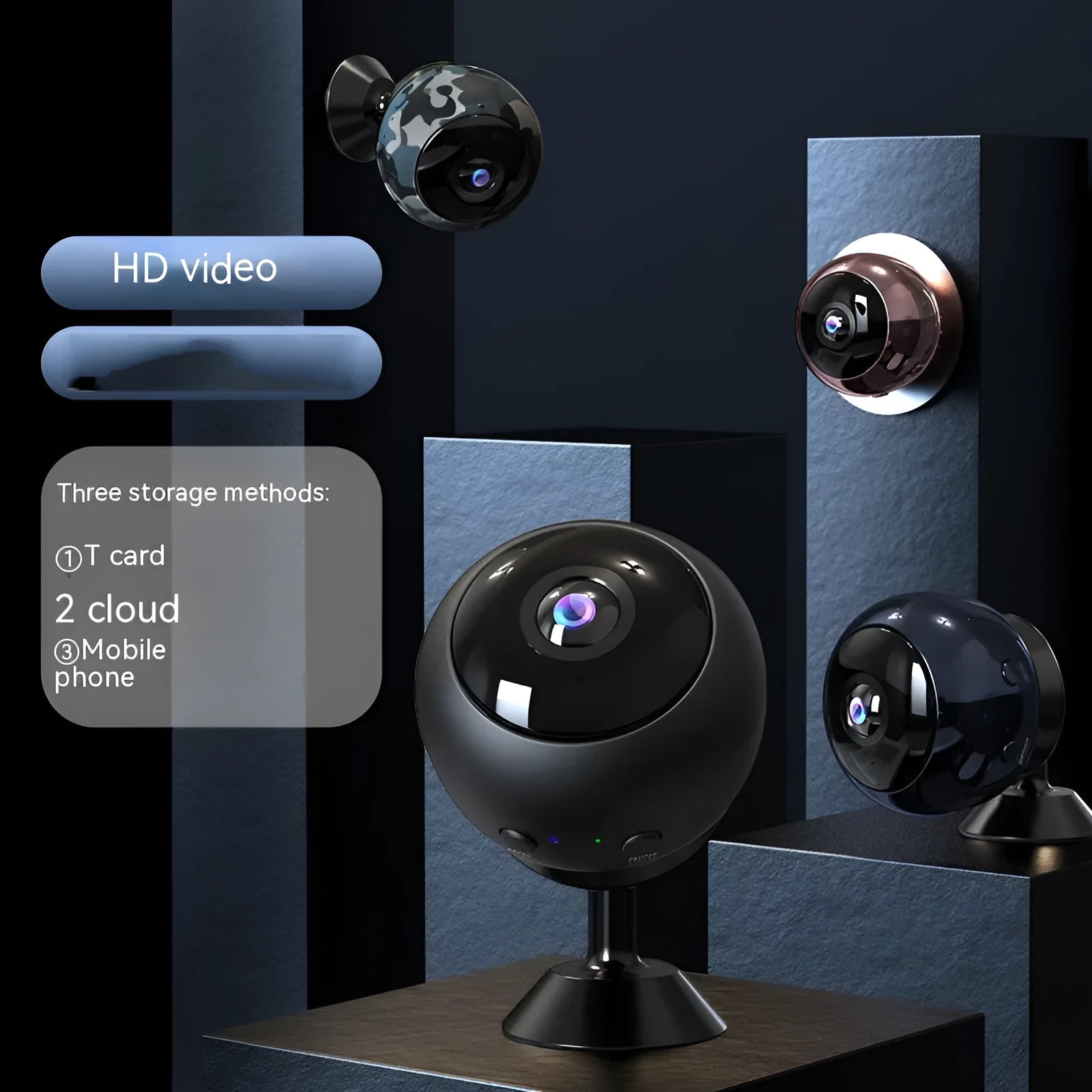 A compact 1080p wireless wifi surveillance camera with a lens, made from white ABS plastic.