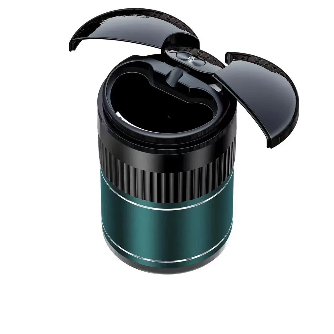 Black metal smart car ashtray with lid showing infrared sensor and touch panel.