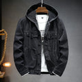 Men's trendy hooded denim jacket in light blue with slim fit, cotton lining, and size stick pockets