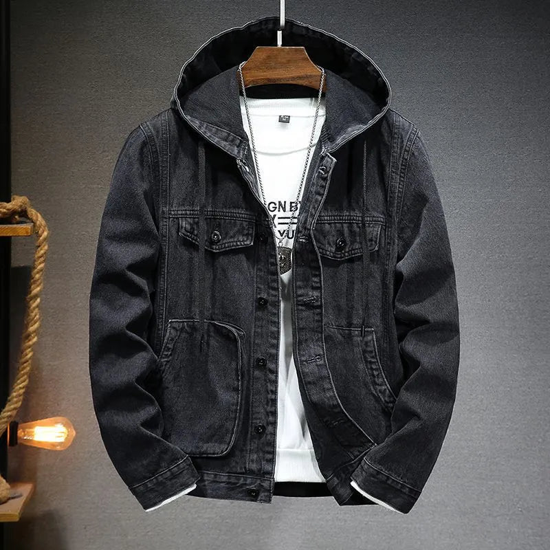 Men's trendy hooded denim jacket in light blue with slim fit, cotton lining, and size stick pockets