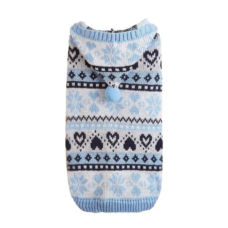 Knitted dog sweater with snowflake and love heart patterns for small breed bichon dogs