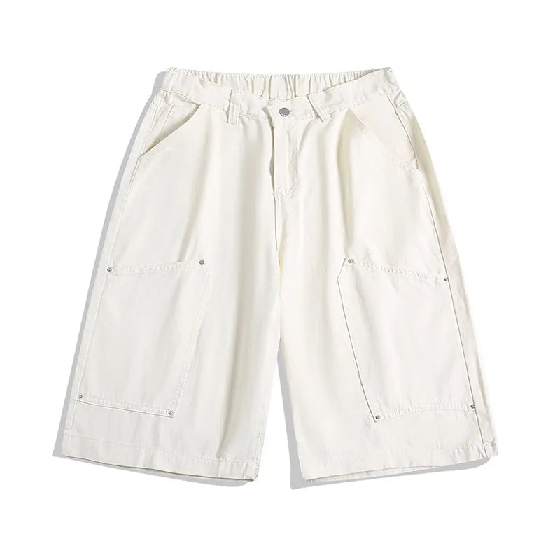 Workwear rivet cropped pants in wide-leg short style with micro-elastic waistband in apricot colour