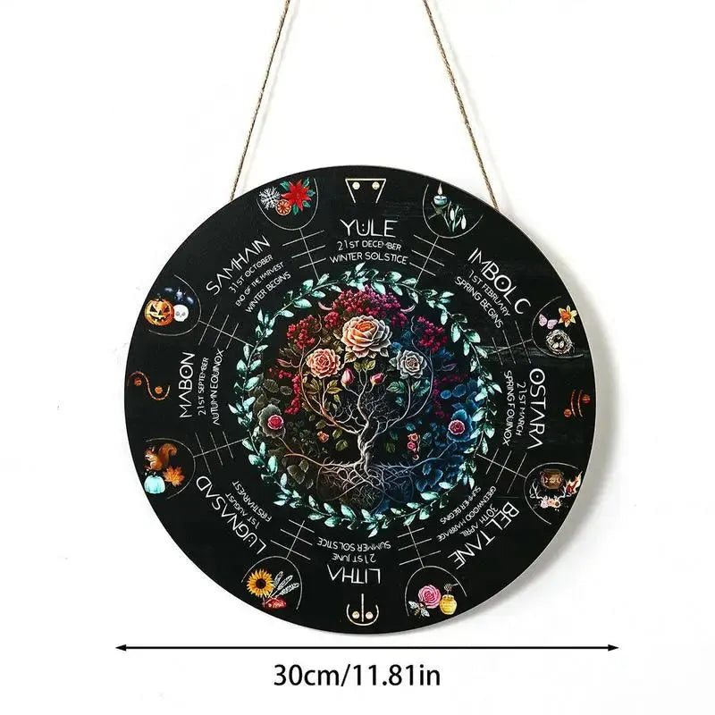 Large wooden decorative pendant with carved design, such as a black cat, rose, or owl, measuring 29.5 cm in diameter.