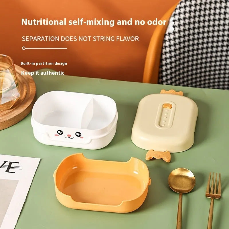 Square plastic divided lunch box in dark blue, orange yellow, or pink and green colours