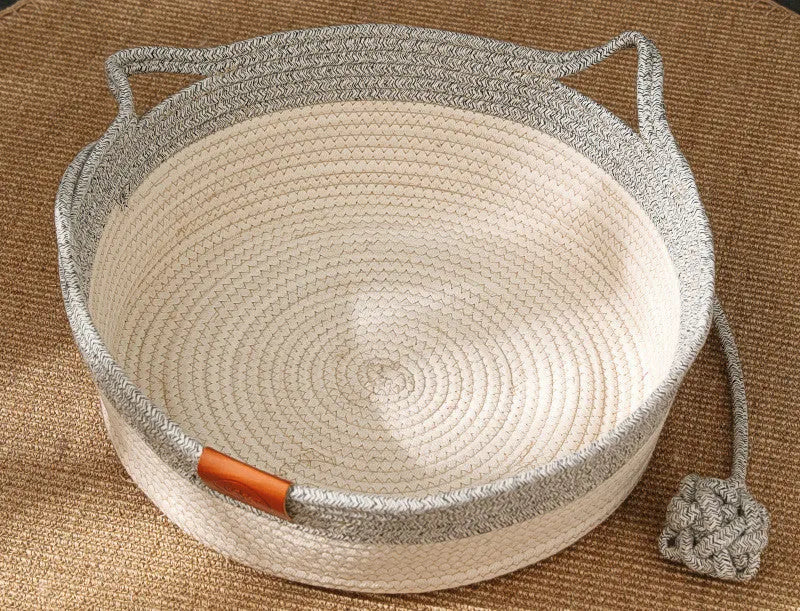 Grey cotton rope and rattan cat nest with optional cushion, small 35cm size