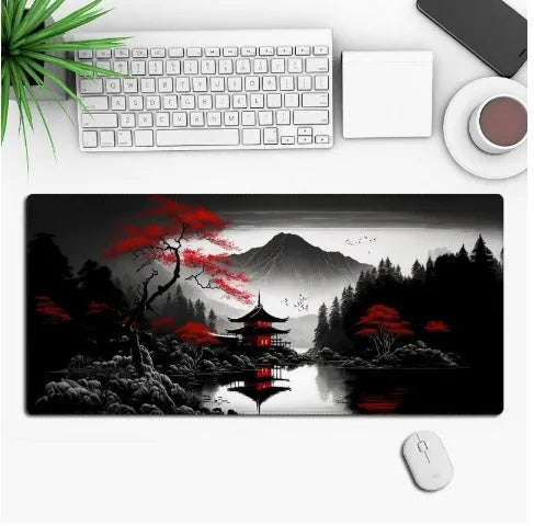 Custom anime graphic gaming mouse pad with non-slip rubber base on a wooden desk.