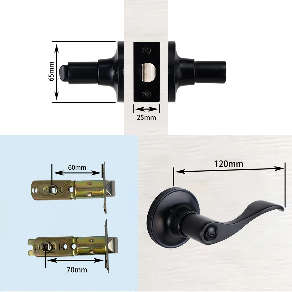 Stainless steel door handle with lock in black finish for bathroom use