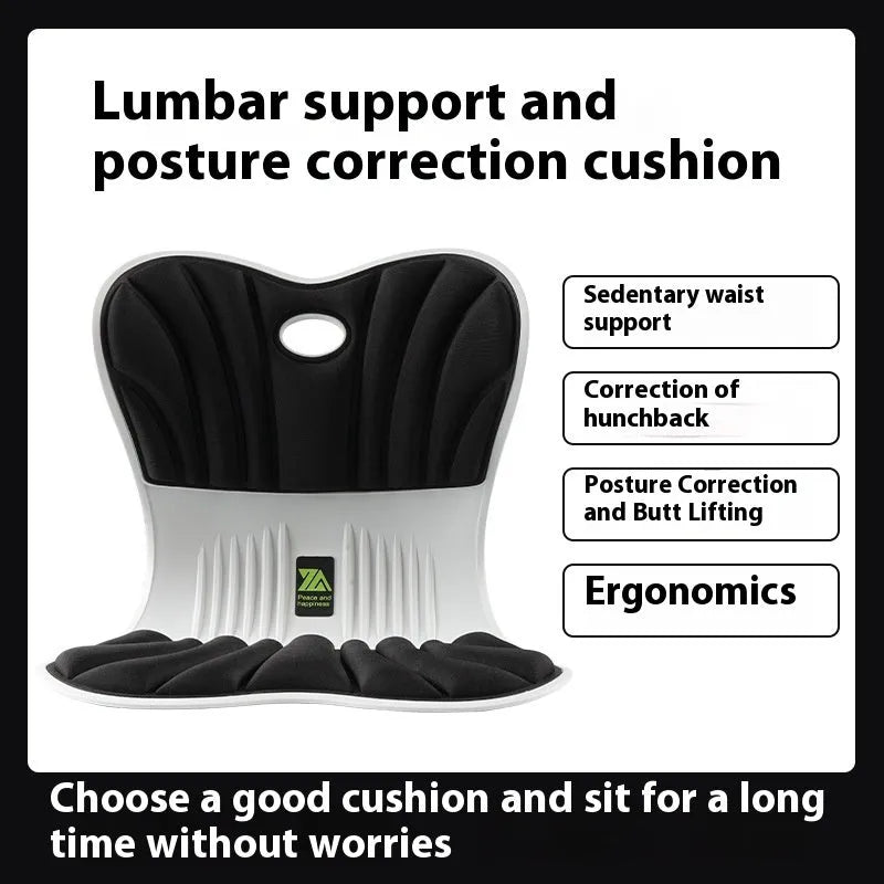 Grey ergonomic waist support cushion on office chair for posture correction