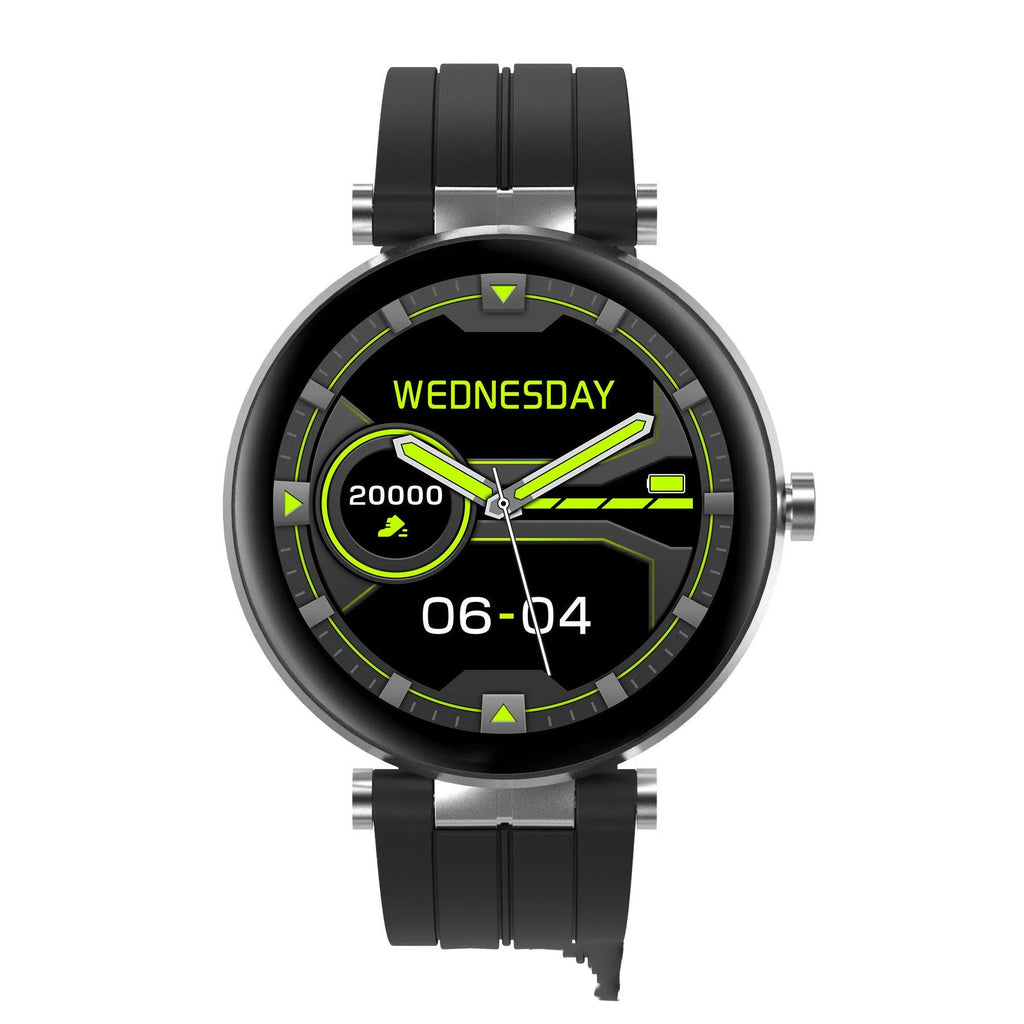 Black smart watch with heart rate monitor on a silicone strap, showing a 1.3-inch display.