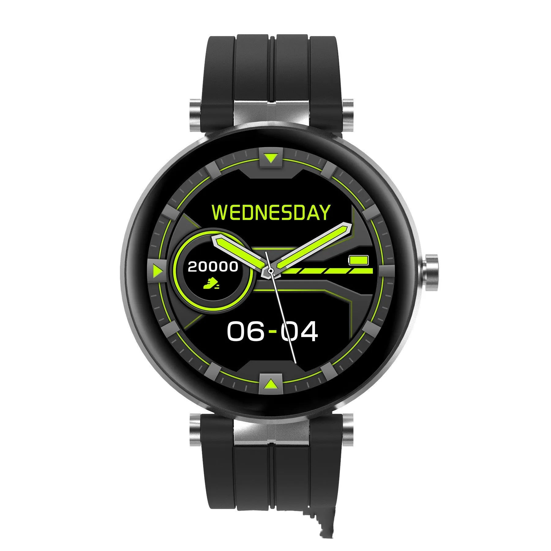 Black smart watch with heart rate monitor on a silicone strap, showing a 1.3-inch display.