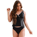 Solid black women's nylon bikini swimsuit set shown as complete one-piece set