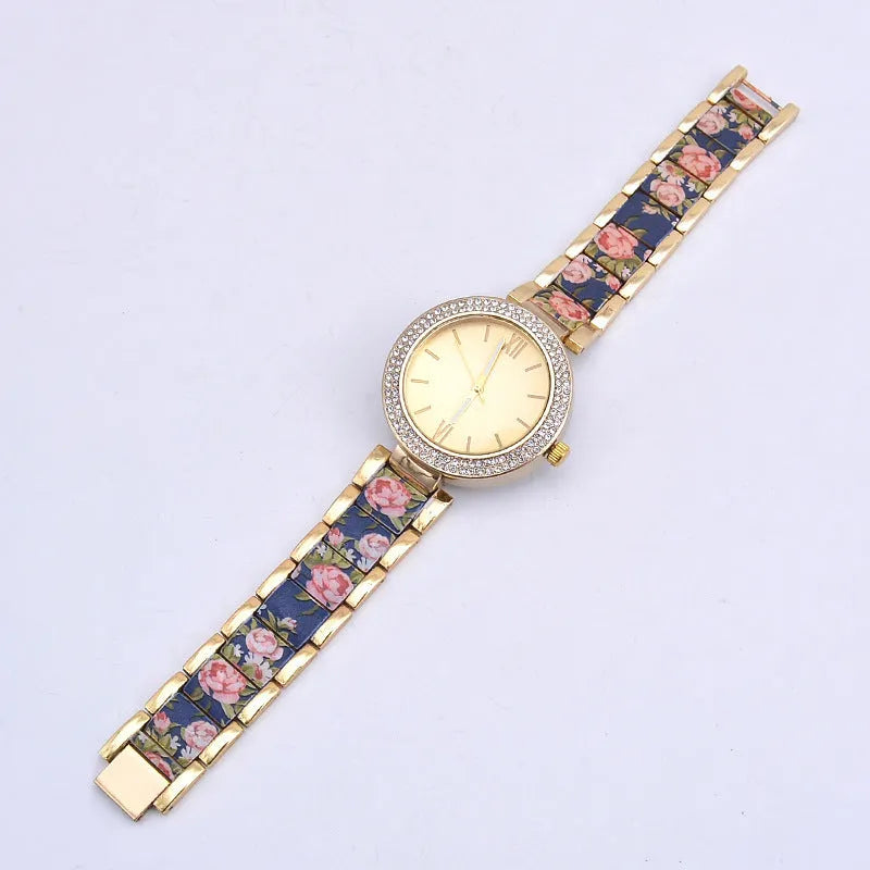 Women's fashion printing steel watch with printed spot drill dial, ordinary glass mirror and stainless steel bottom
