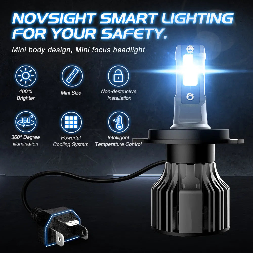 72W LED car headlight bulb kit with 6000K white light, showing adjustable chuck and connector.