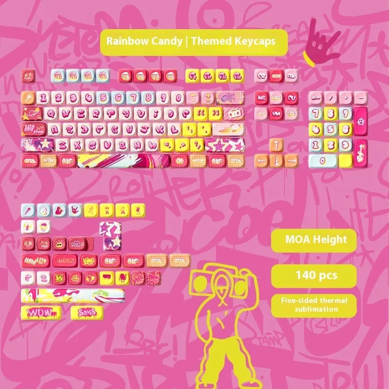 Full set of 139 colourful cartoon pig themed PBT keycaps for mechanical keyboards.