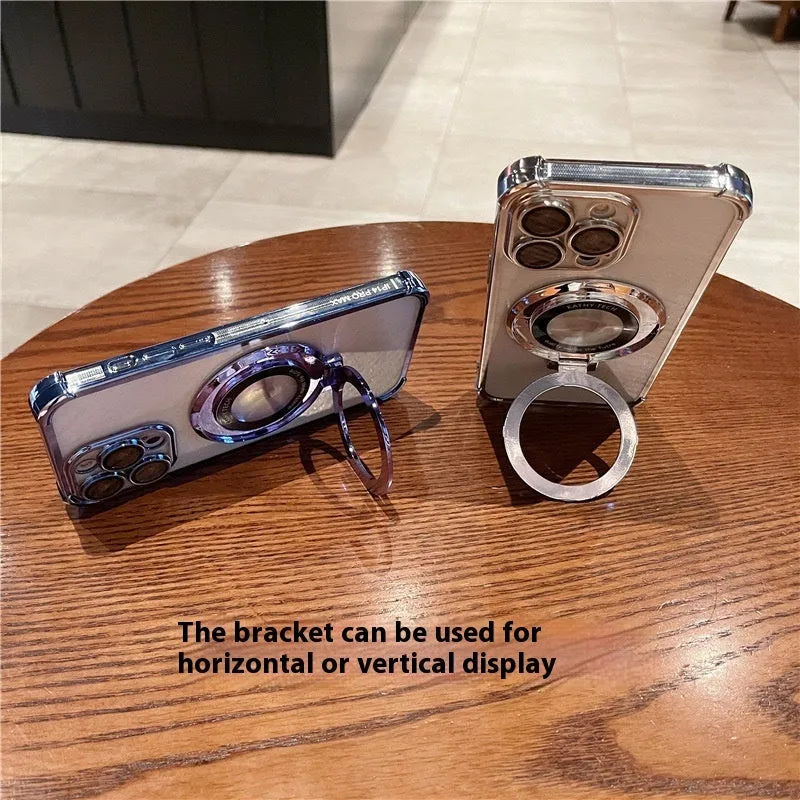 Transparent acrylic iPhone case with four-corner fall protection and built-in lens protector in black.