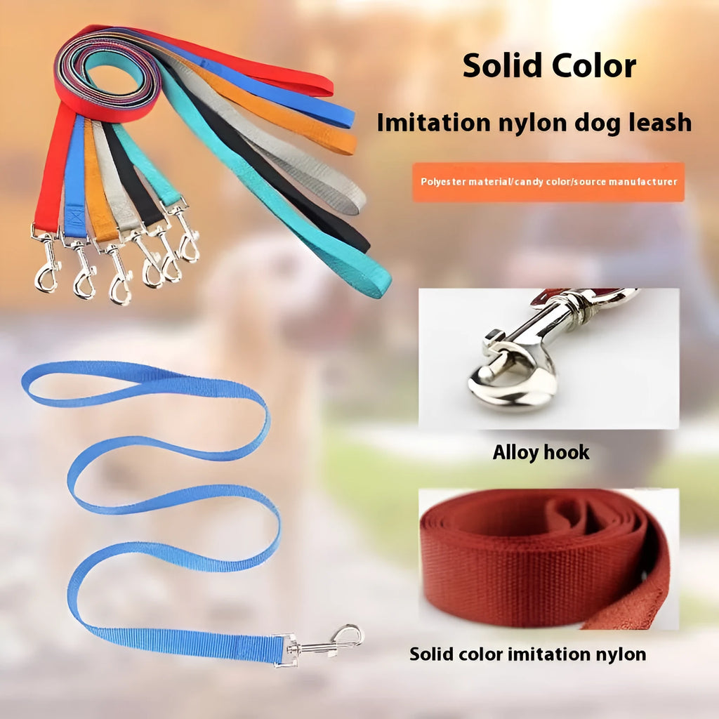 Solid colour polyester dog lead with hand holding loop, shown in blue, red, and black on a white background.