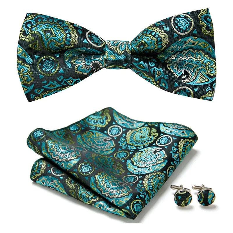 Floral Bow Tie Set of Three Pieces Polyester Yarn Hand-Sewn 12cm by 6cm Bow Tie with Matching Pocket Square 25x25cm and Cufflinks 1.5cm for Men's Formal Wedding and Party Accessories Multistyle Options