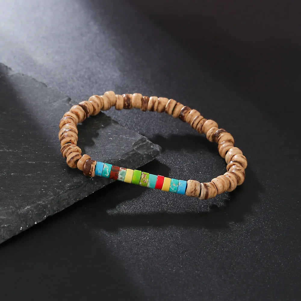 Hand-woven unisex wood bracelet with turquoise accents and totem pattern